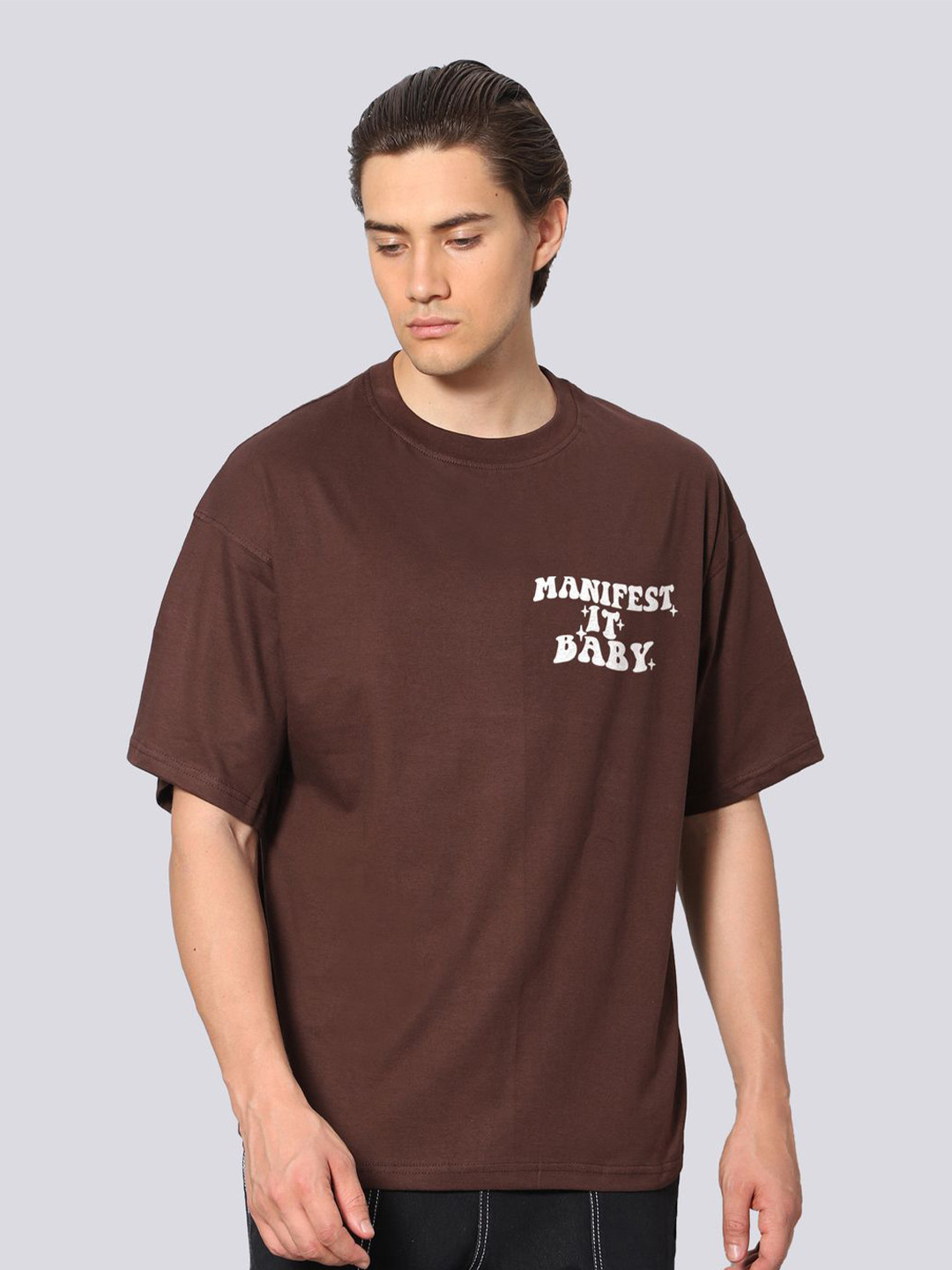 

Besick Men Typography Printed Drop Shoulder Sleeves Oversized T-shirt, Brown