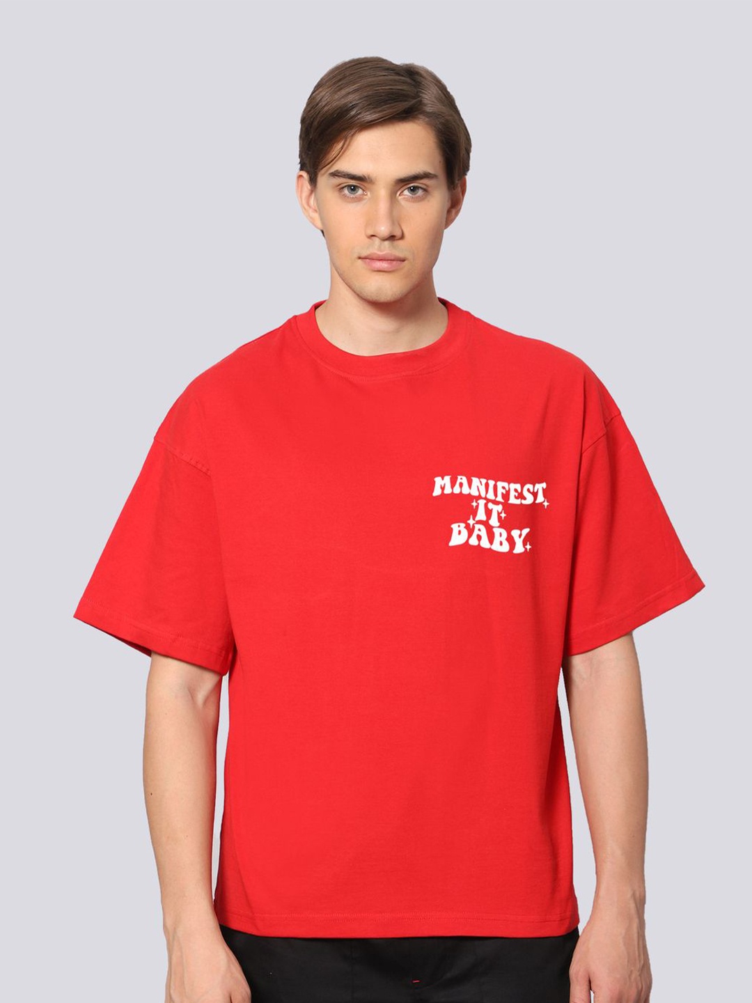 

Besick Men Typography Printed Drop Shoulder Sleeves Oversized T-shirt, Red