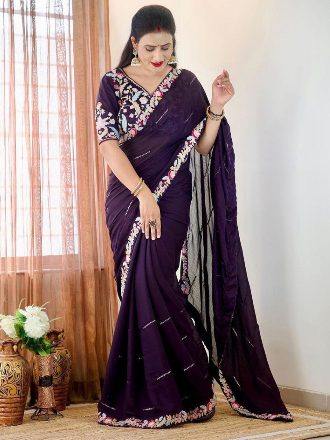 

ODETTE Embroidered Sequinned Saree, Violet