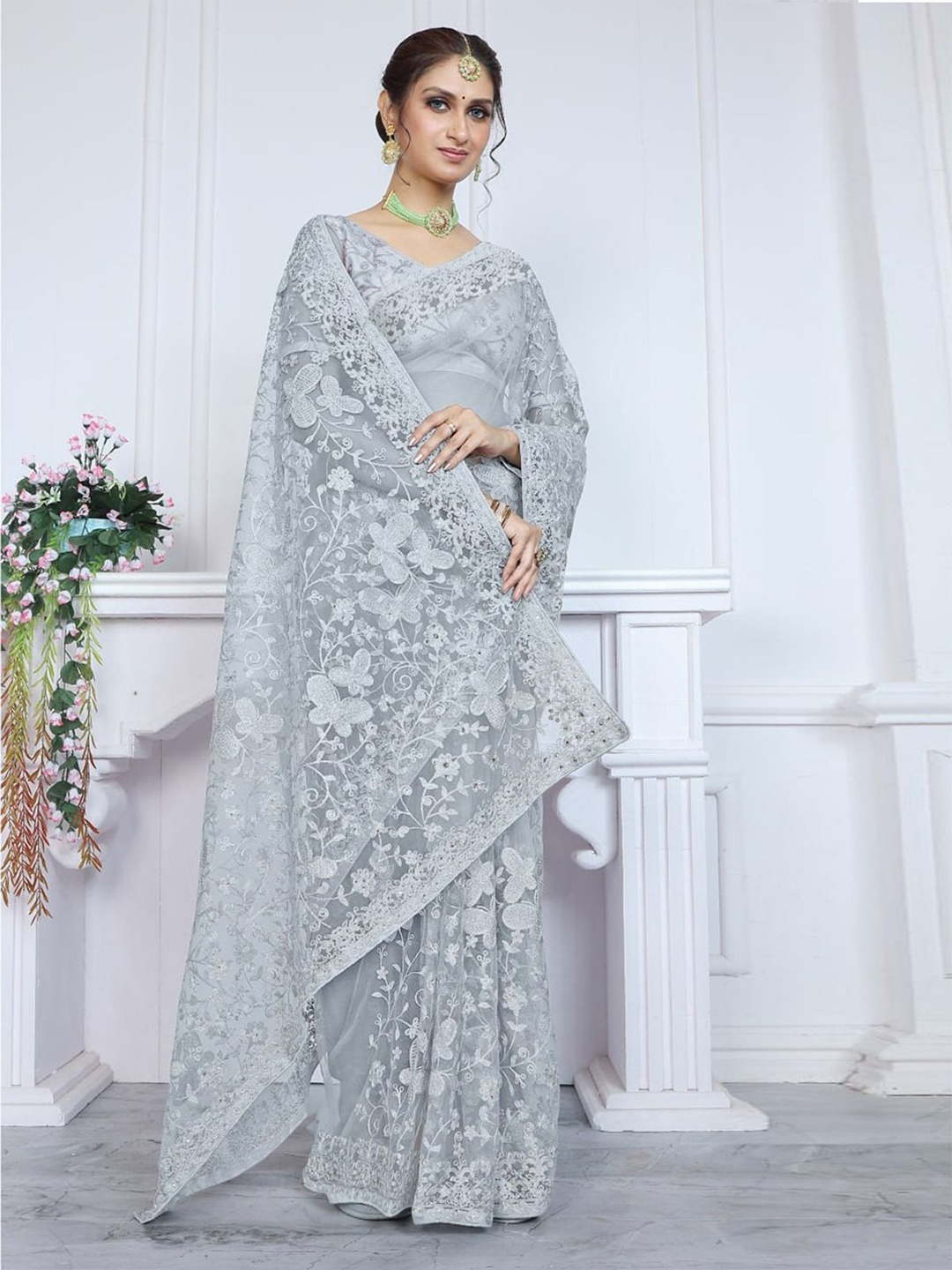 ODETTE Floral Beads and Stones Net Heavy Work Saree, Grey
