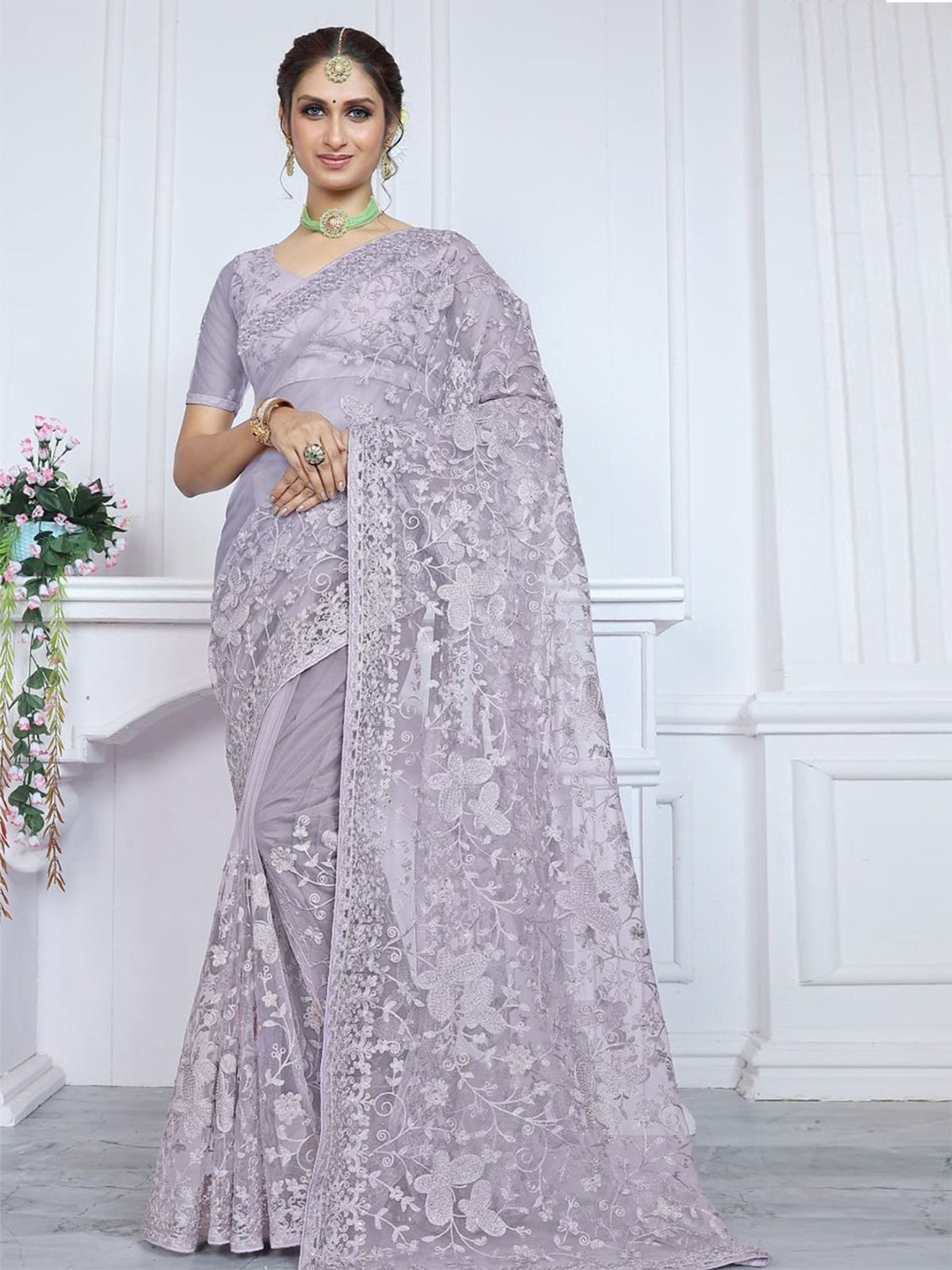 

ODETTE Floral Net Saree, Lavender