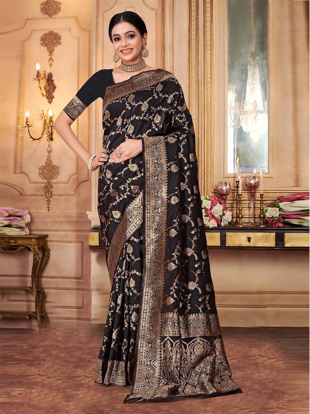 

ODETTE Ethnic Motifs Woven Design Zari Banarasi Saree, Black