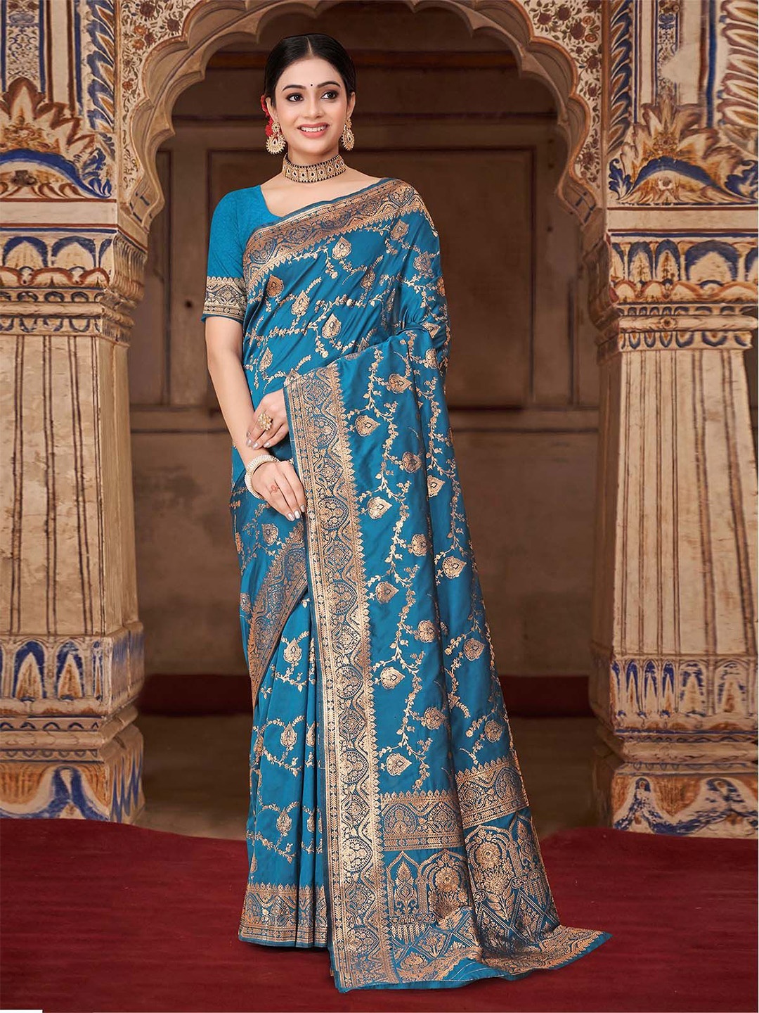 

ODETTE Ethnic Motifs Woven Design Zari Banarasi Saree, Blue