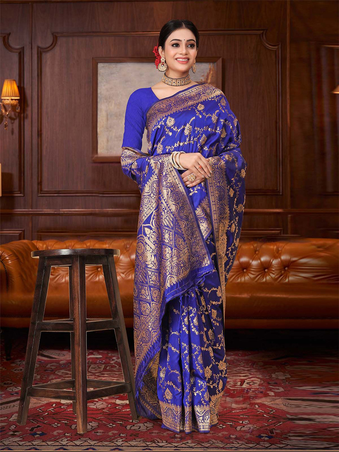 

ODETTE Woven Design Zari Banarasi Saree, Blue