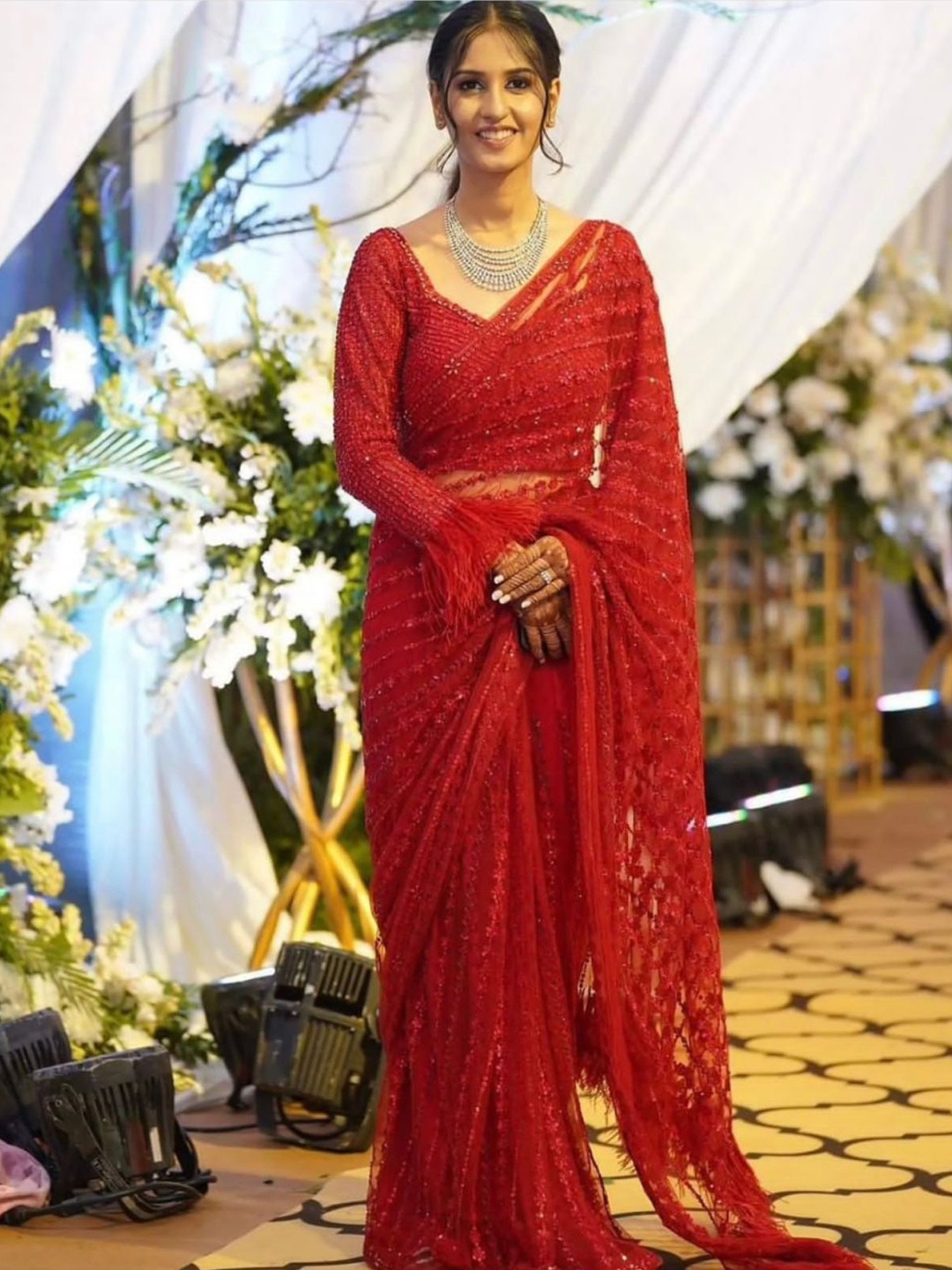 

ODETTE Embellished Embroidered Net Saree, Red