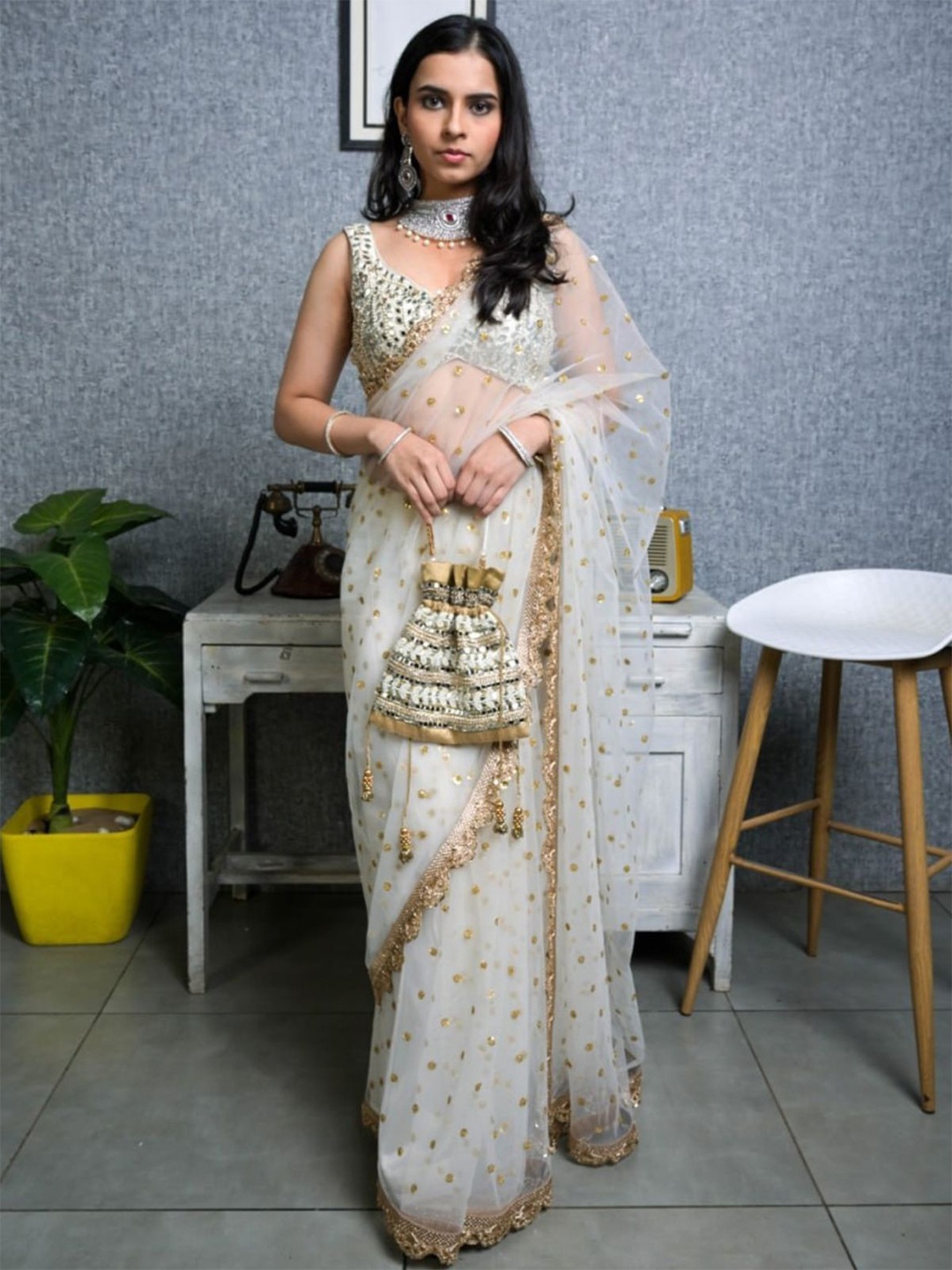 

ODETTE Polka Dot Beads and Stones Net Saree, White