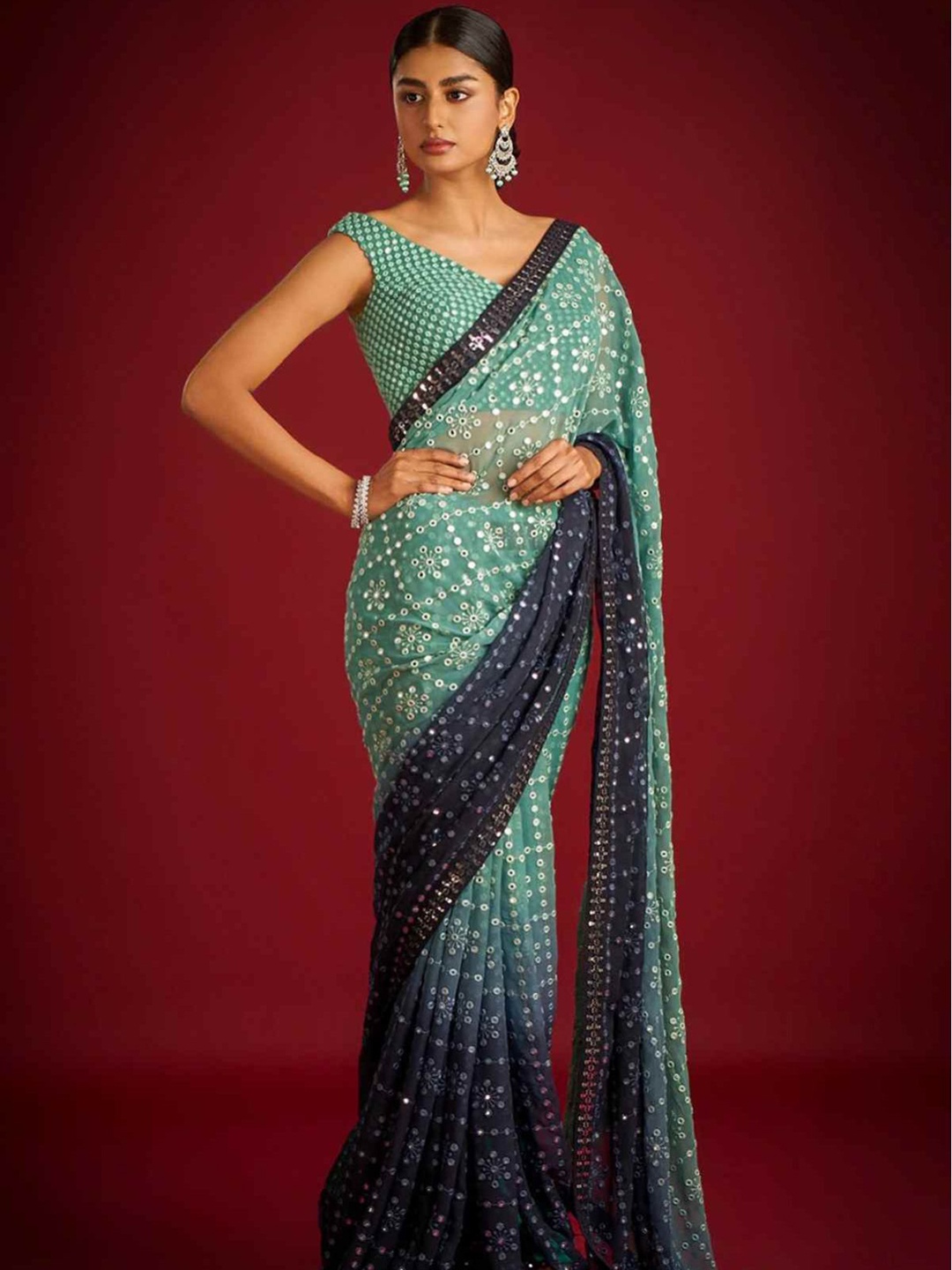 

ODETTE Geometric Embroidered Saree, Blue