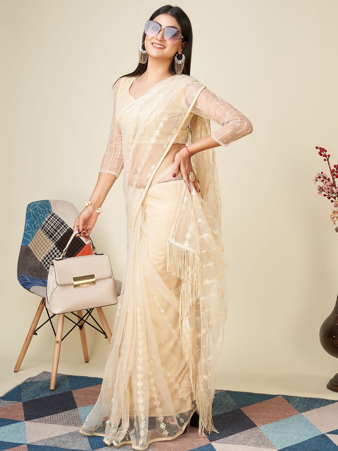 

ODETTE Embellished Embroidered Net Saree, Cream