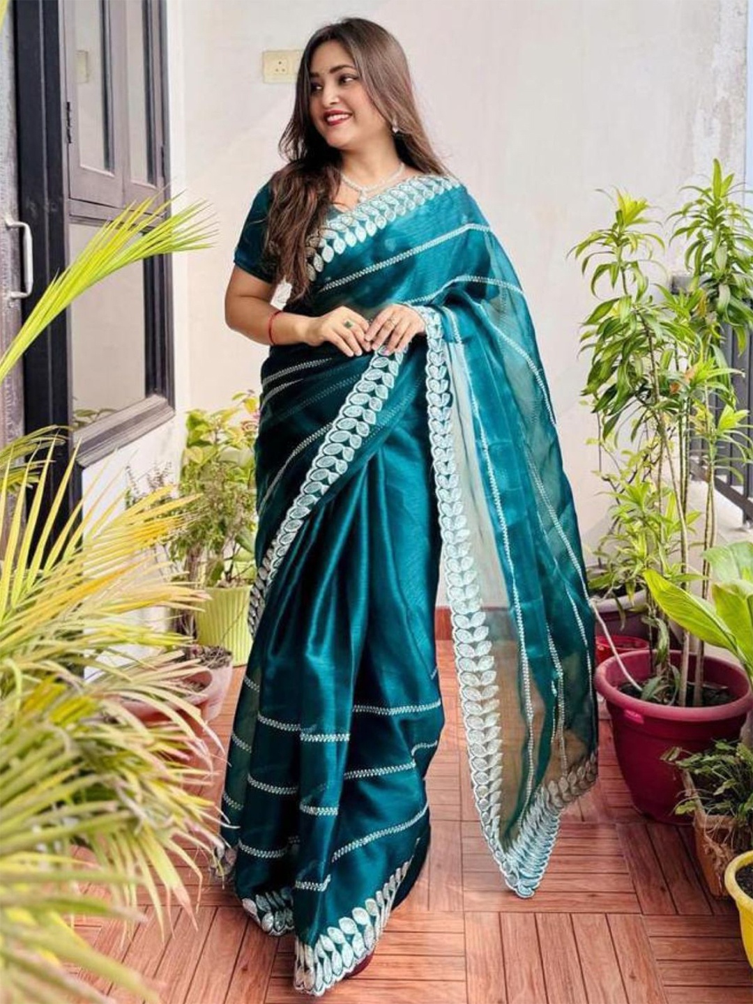 

ODETTE Striped Embroidered Saree, Teal