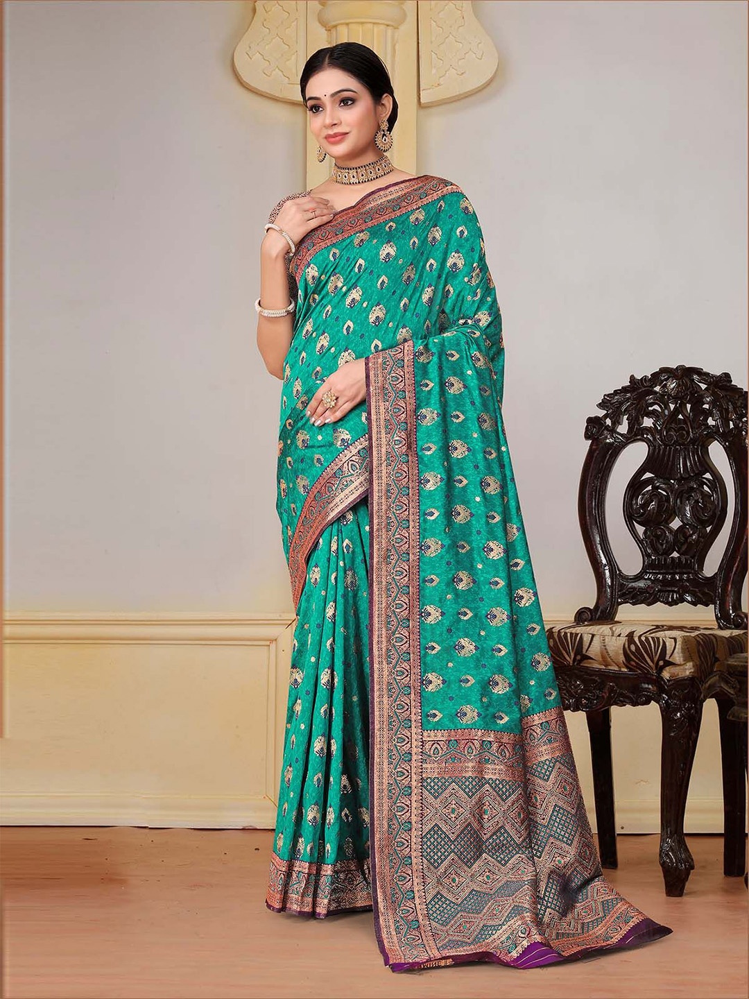 

ODETTE Woven Design Zari Banarasi Saree, Teal