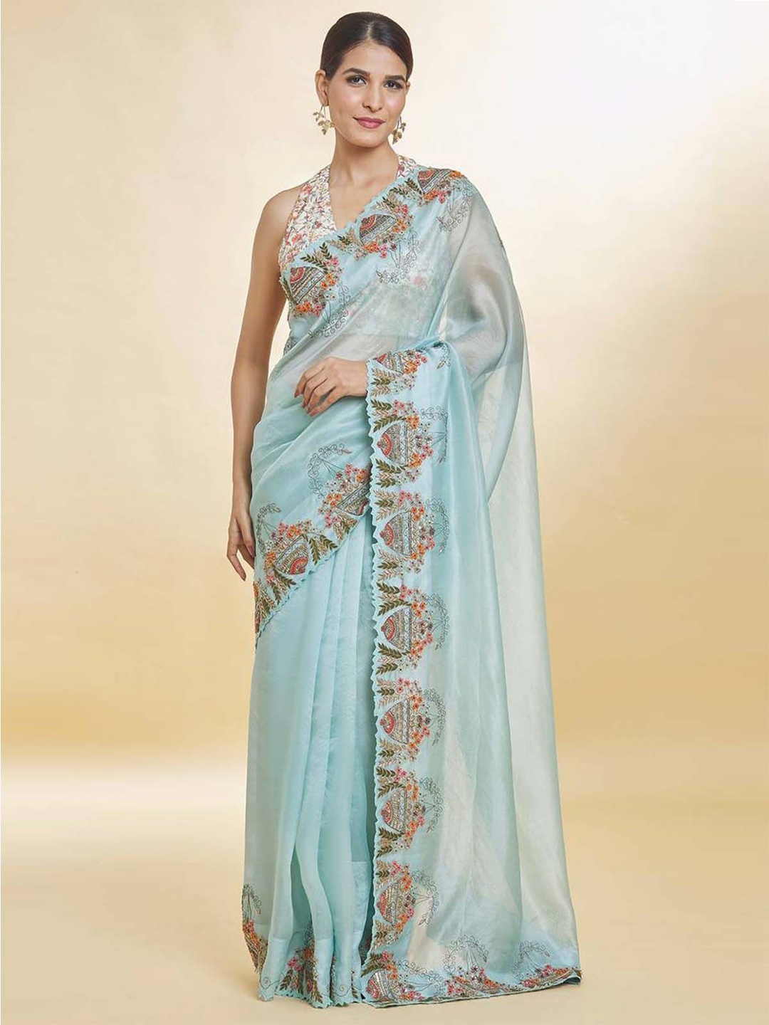 

ODETTE Sequinned Organza Saree, Blue