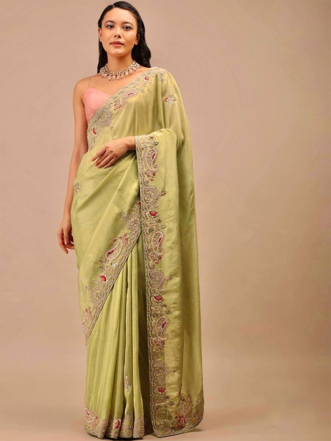

ODETTE Paisley Embroidered Saree, Green