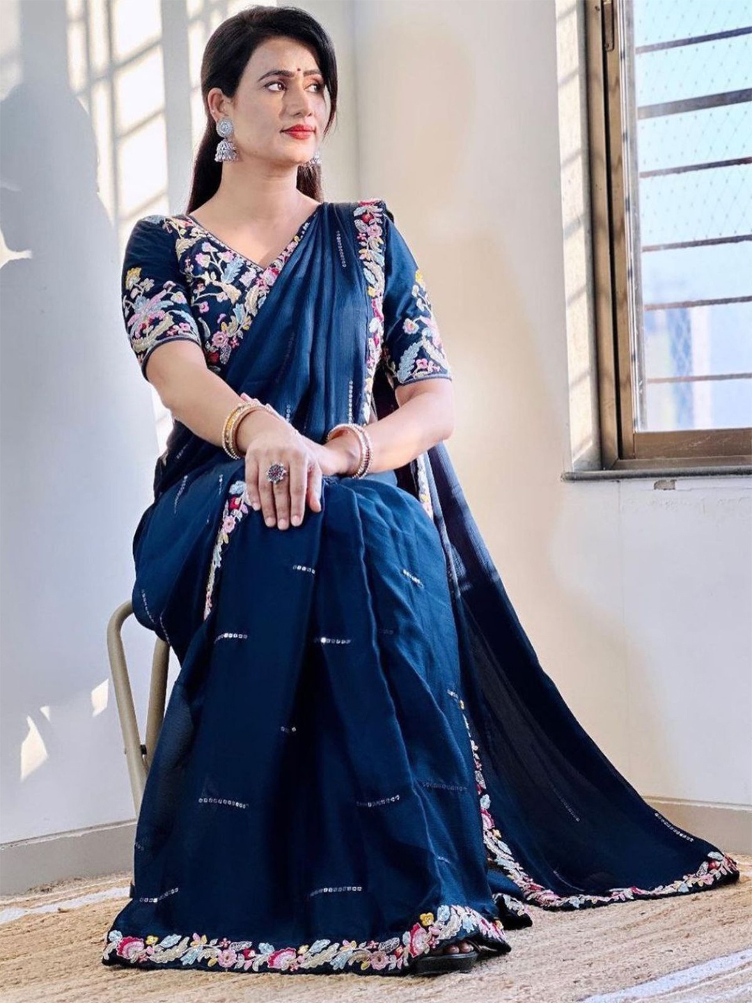 

ODETTE Embroidered Sequinned Border Saree, Navy blue