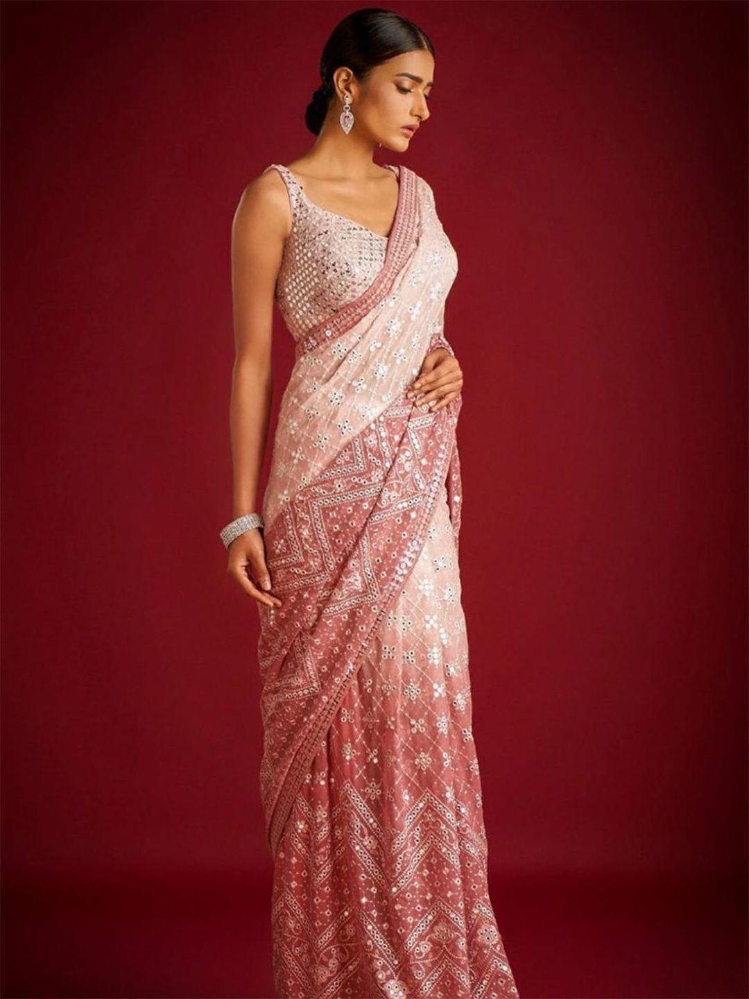 

ODETTE Sequinned Embroidered Saree, Peach