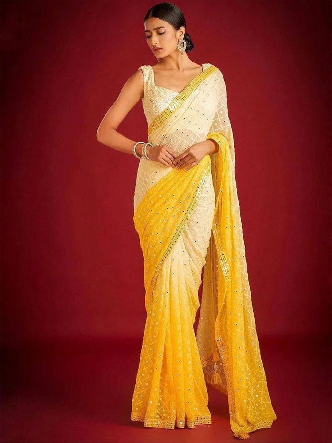 

ODETTE Embellished Embroidered Saree, Yellow