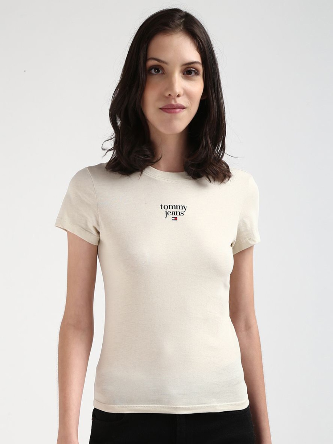 

Tommy Hilfiger Women Solid Round Neck Slim Fit T-shirt, Beige