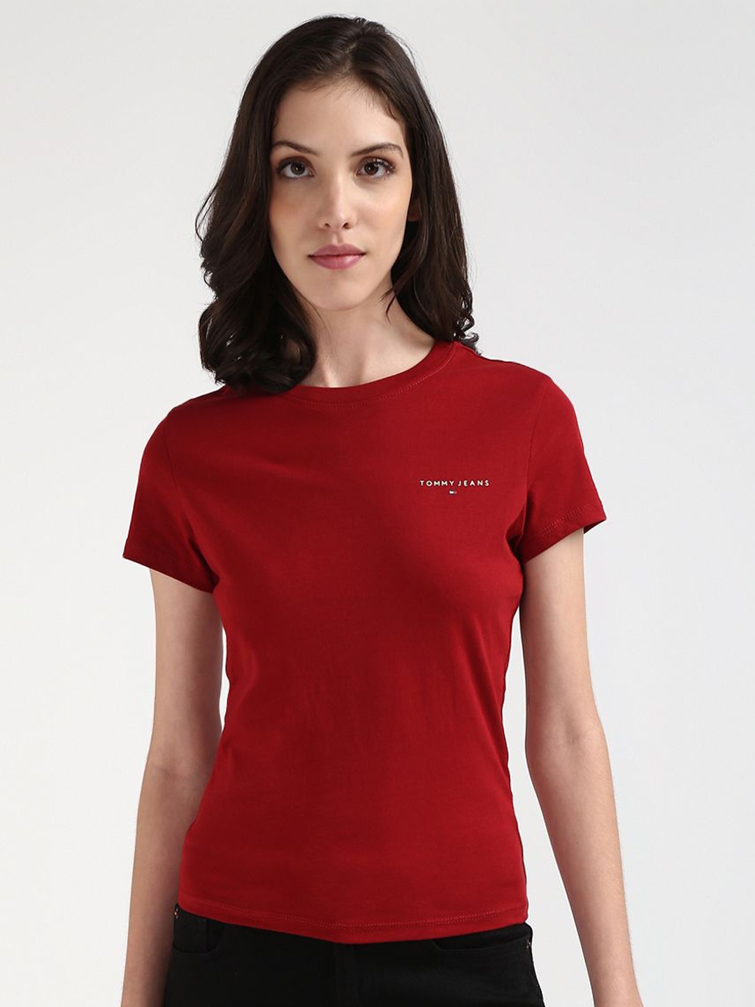 

Tommy Hilfiger Women Solid Round Neck Slim Fit T-shirt, Red