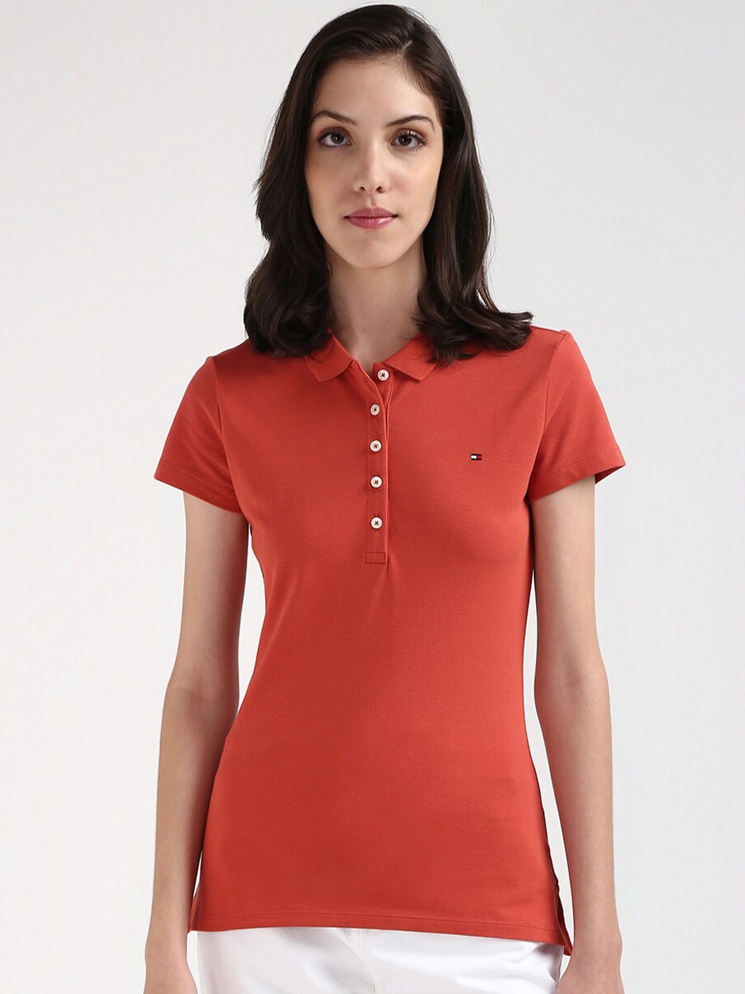 

Tommy Hilfiger Women Solid Polo Collar T-shirt, Red