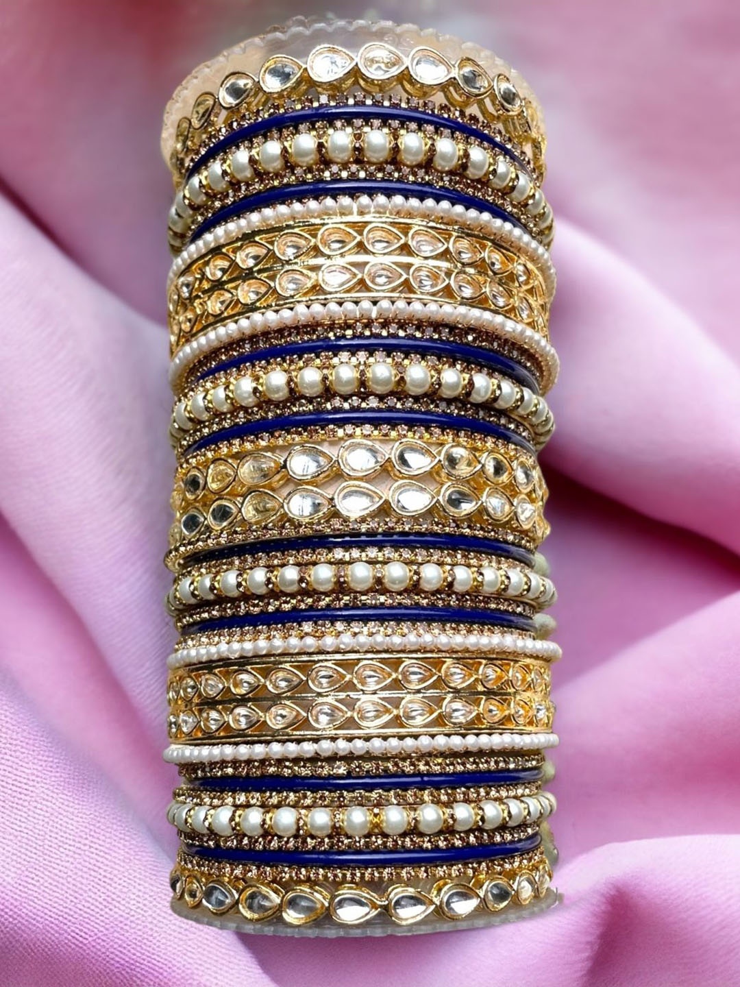 

leshya Set Of 66 Brass-Plated Stone-Studded & Beaded Bangle, Blue