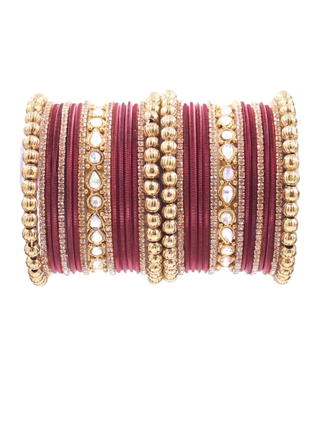 

leshya Set Of 32 Brass Plated Artificial Stones & Beads Bangles, Maroon