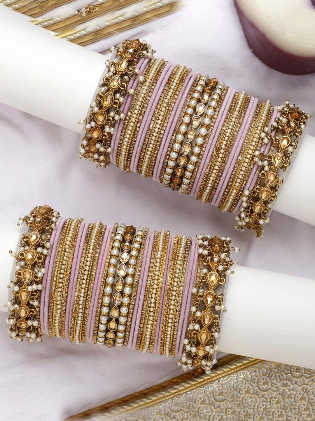 

leshya Set Of 66 Brass Plated & Kundan Studded Bangles, Bronze