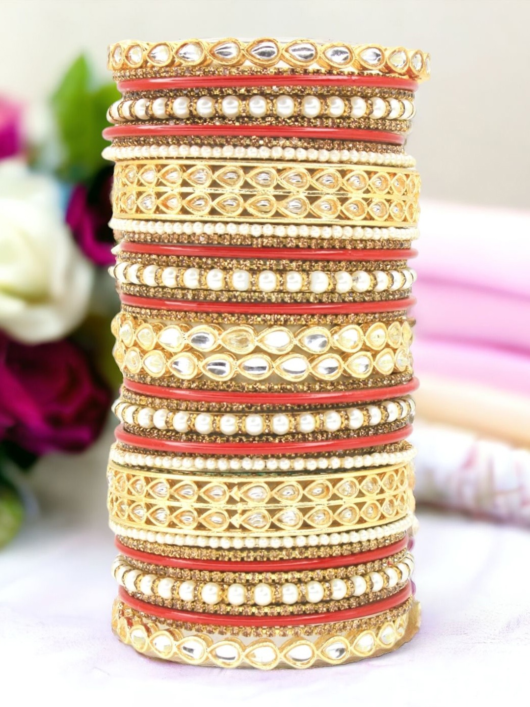 

leshya Set Of 38 Brass-Plated Kundan Studded Bangles, Beige