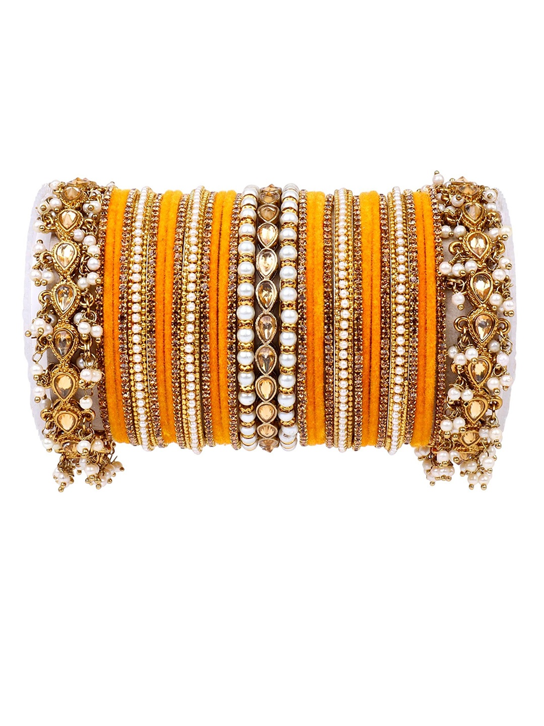 

leshya Set Of 66 Brass Plated Artificial Stones & Beads Bangles, Beige