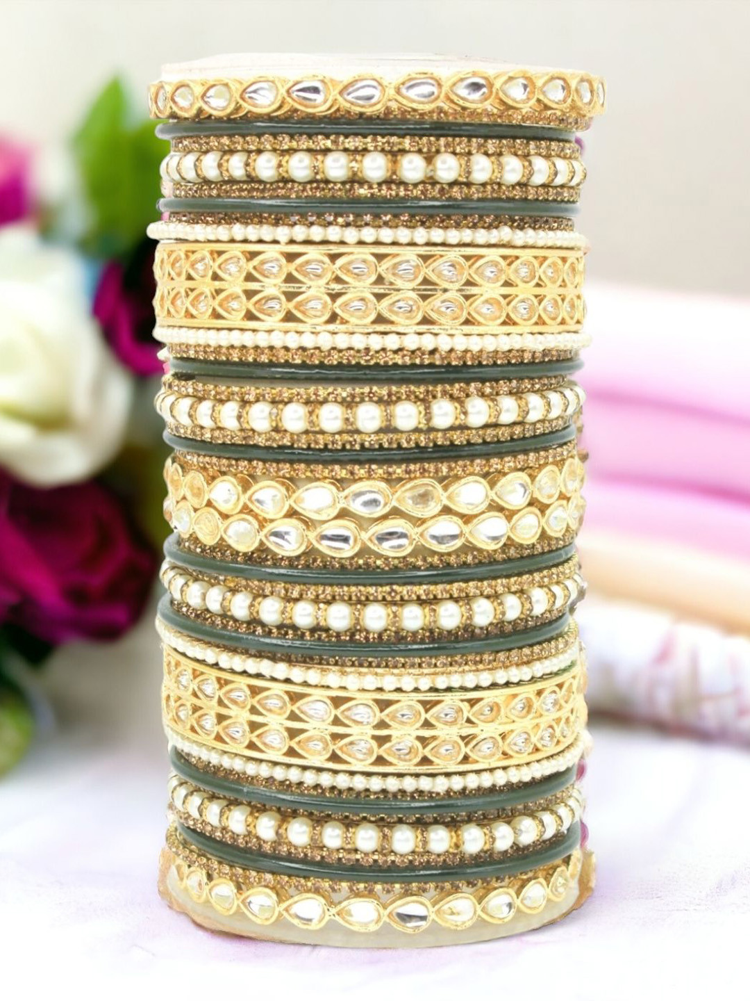 

leshya Set Of 38 Brass-Plating Kundan-Studded & Beaded Bangles, Olive