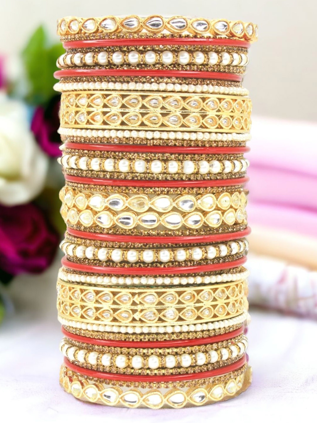 

leshya Set Of 38 Brass-Plated Artificial Stones and Beads Bangles, Brown