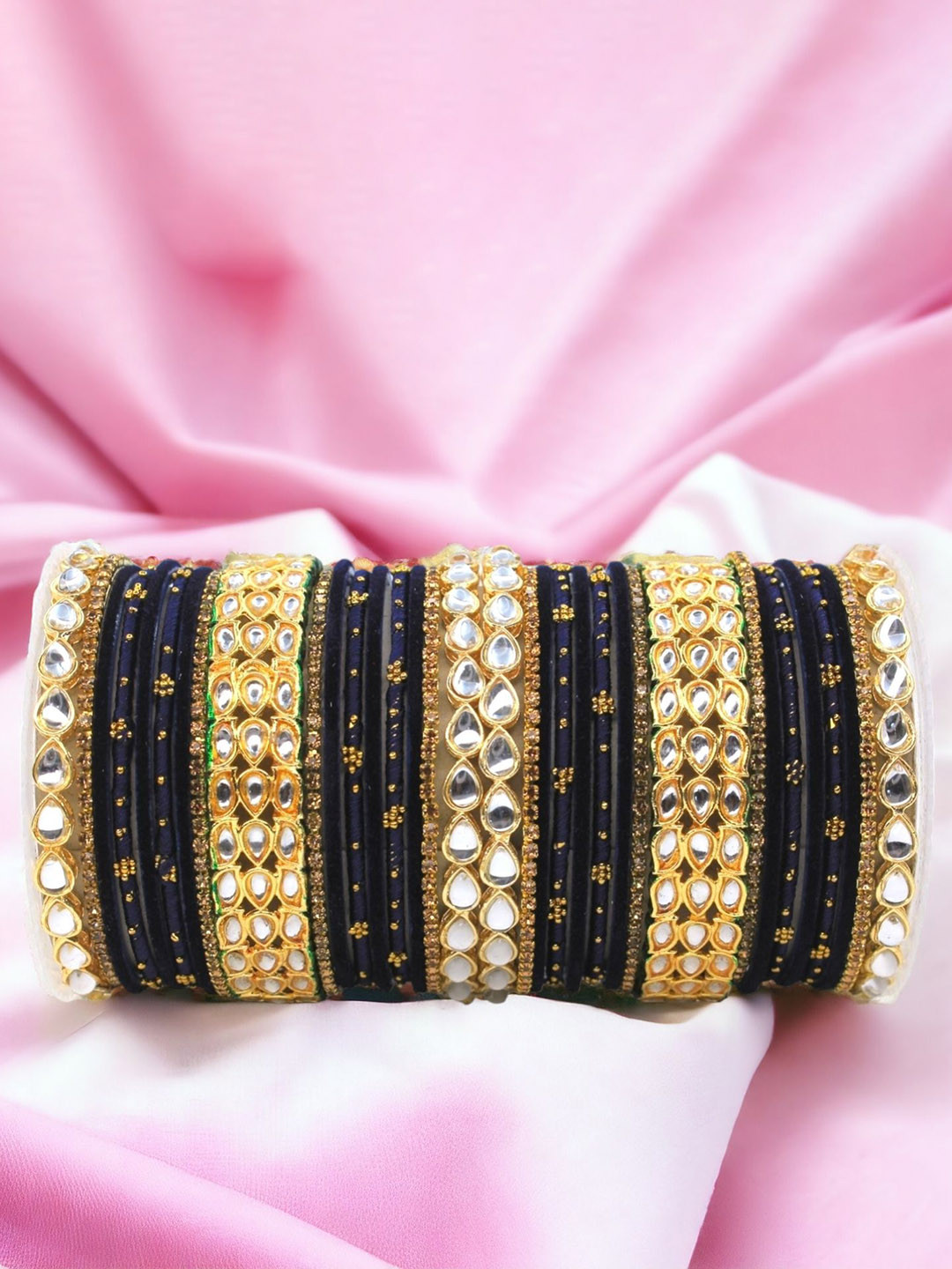 

leshya Set Of 34 Brass-Plated Artificial Stones & Bead Studded Bangles, Black