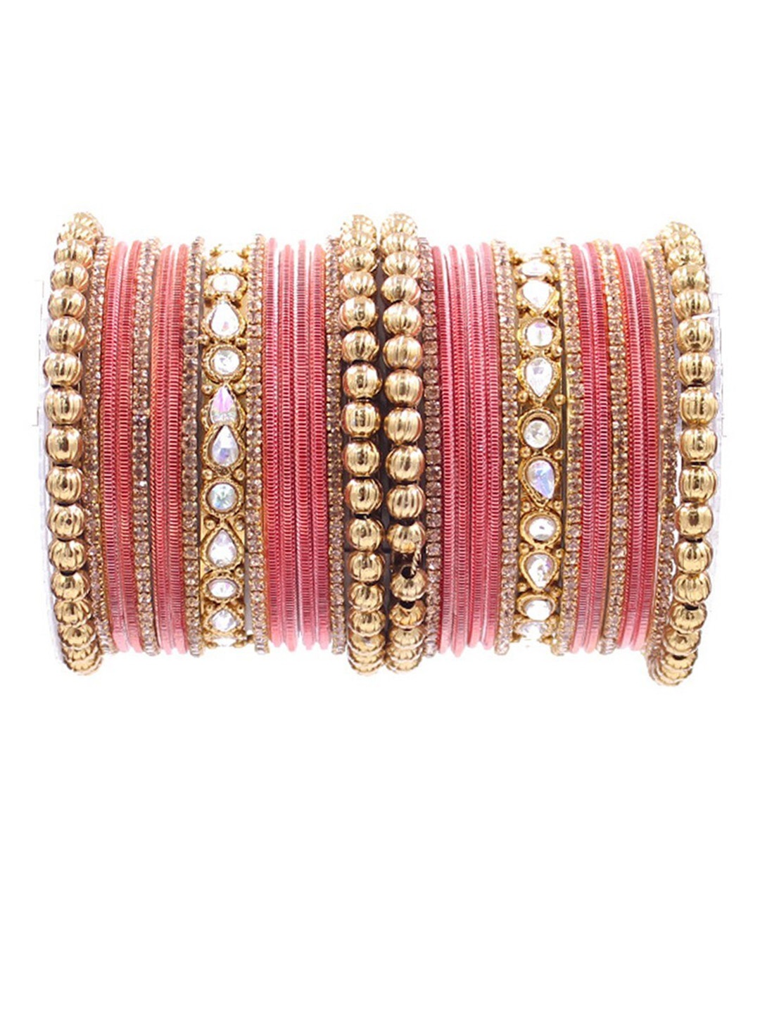 

leshya Set Of 32 Brass Plated Stones Studded Ethnic Bangles, Rose