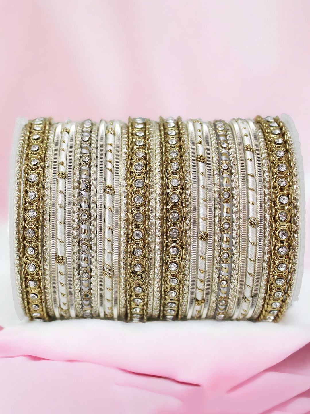 

leshya Set Of 30 Brass Plated Stone Studded Bangles, Beige