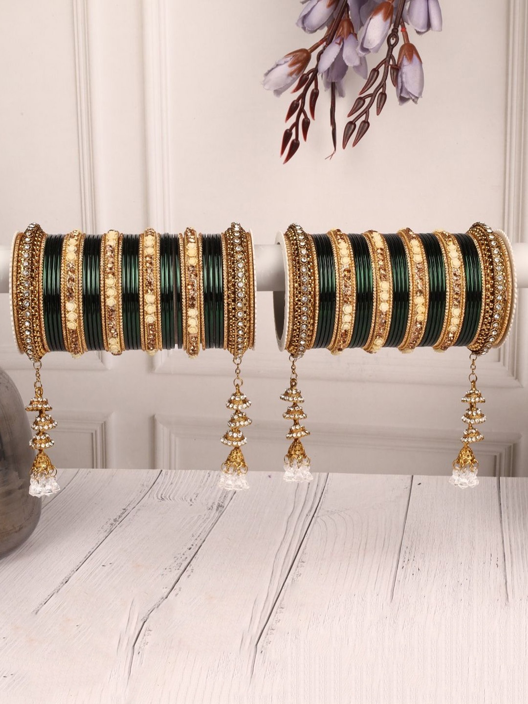 

leshya Set Of 76 Brass-Plated Stone-Studded & Beaded Bangle, Olive