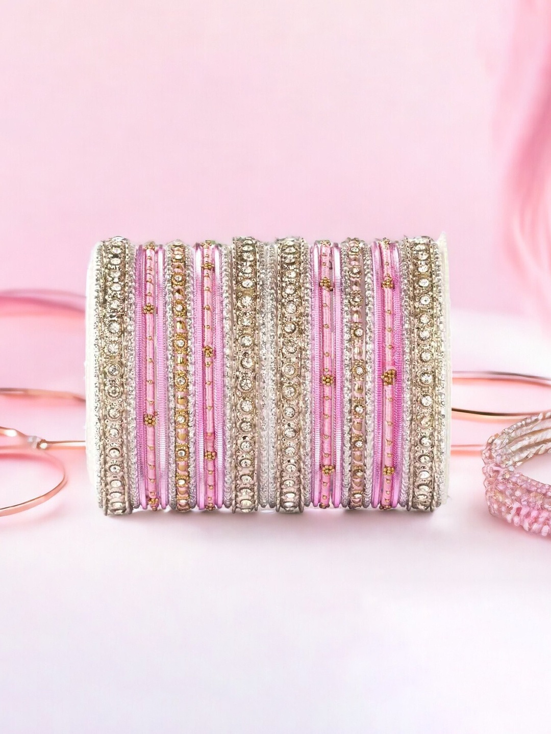 

leshya Set of 30 Brass-Plated Stone-Studded Bangles, Beige