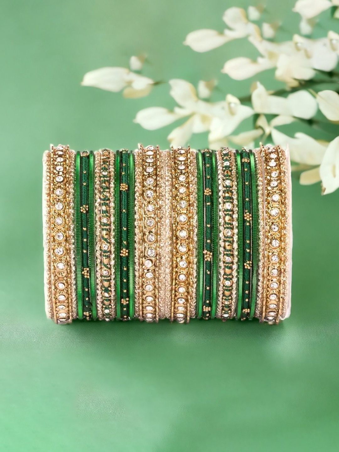 

leshya Set Of 30 Brass-Plating Stones Studded Bangle, Beige