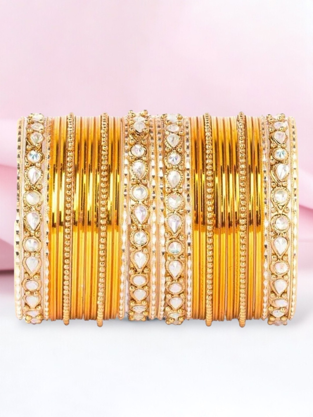 

leshya Set Of 32 Brass Plated Kundan Studded Ethnic Bangles, Beige