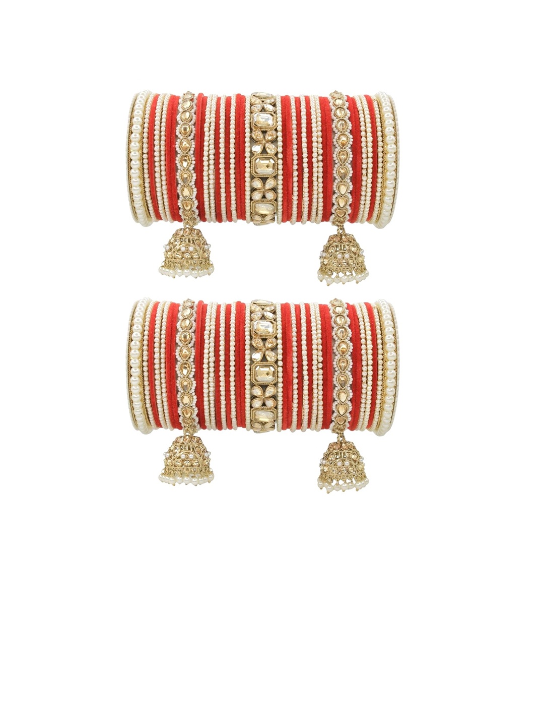 

leshya Set Of 78 Brass-Plated Stone-Studded & Beaded Bangle, Red