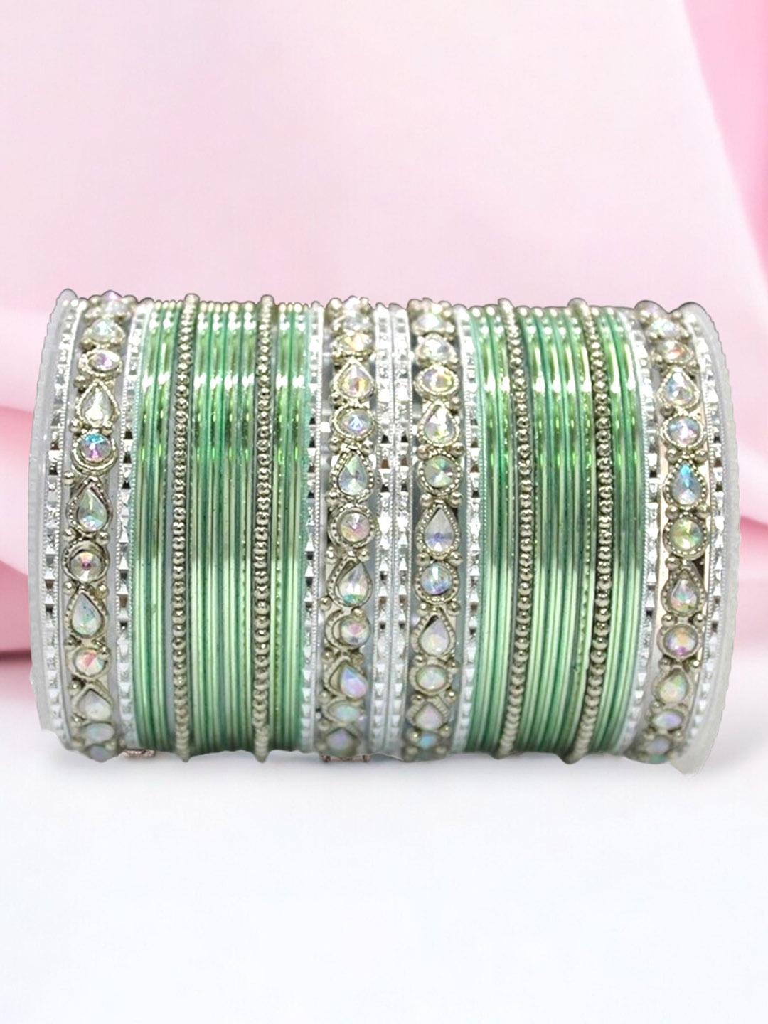 

leshya Set Of 32 Brass-Plated Stones Studded Bangles, Olive