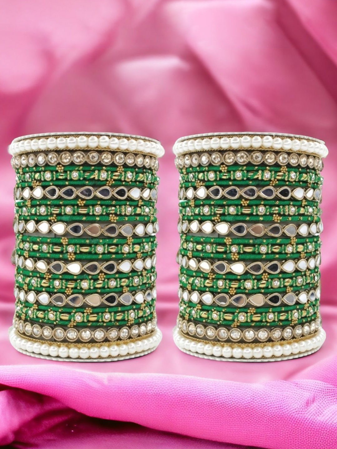 

leshya Set Of 46 Brass-Plated Stone-Studded & Beaded Bangle, Beige