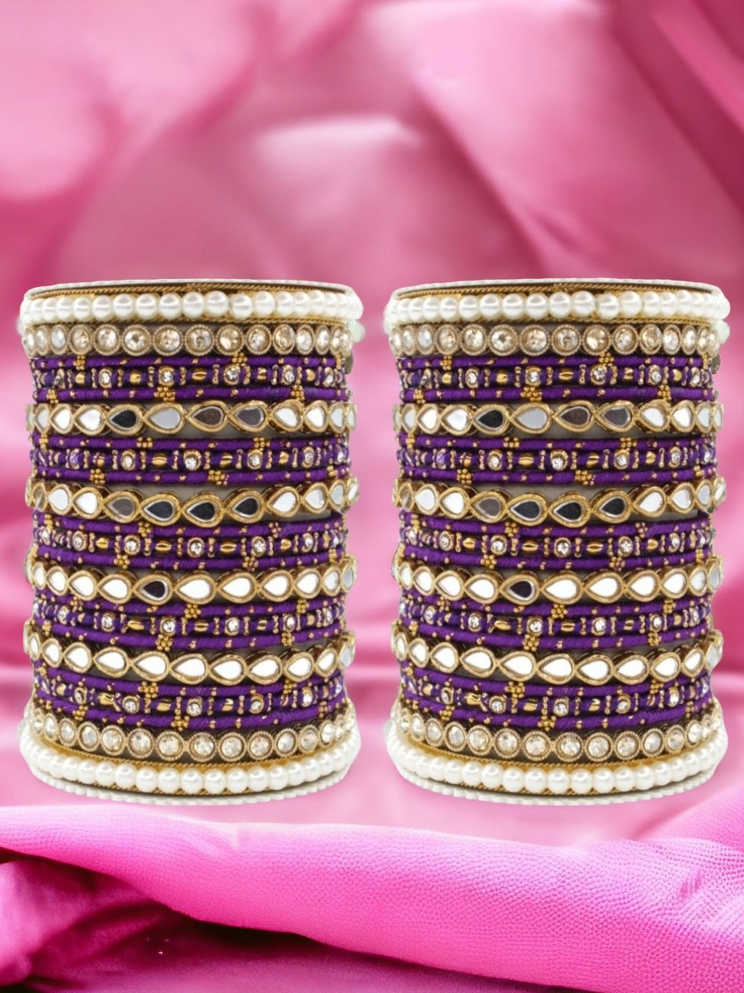 

leshya Set Of 46 Brass Plated Artificial Stones Studded & Beads Bangles, Purple