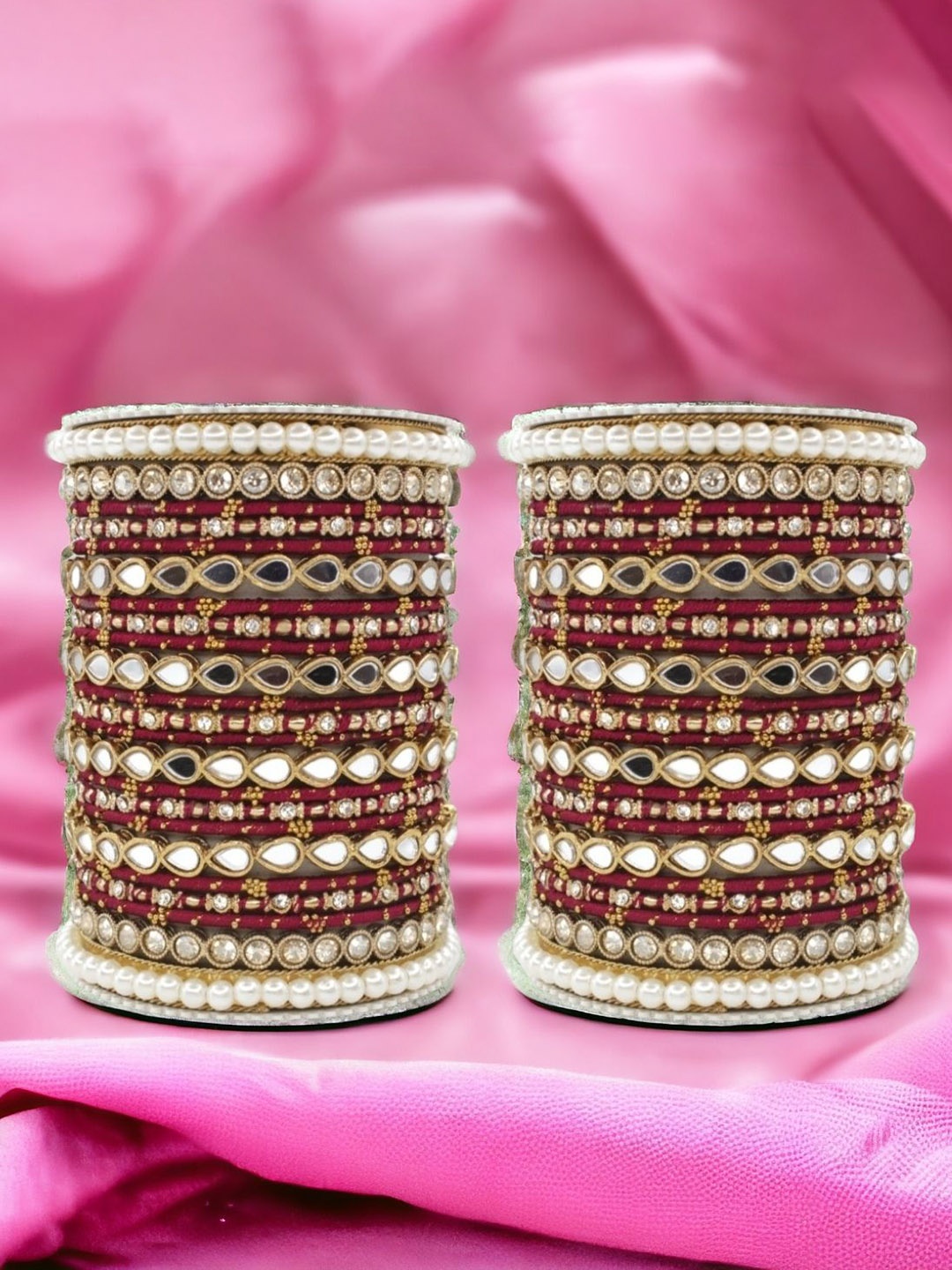 

leshya Set Of 46 Brass Plated Stone-Studded & Beaded Bangles, Maroon