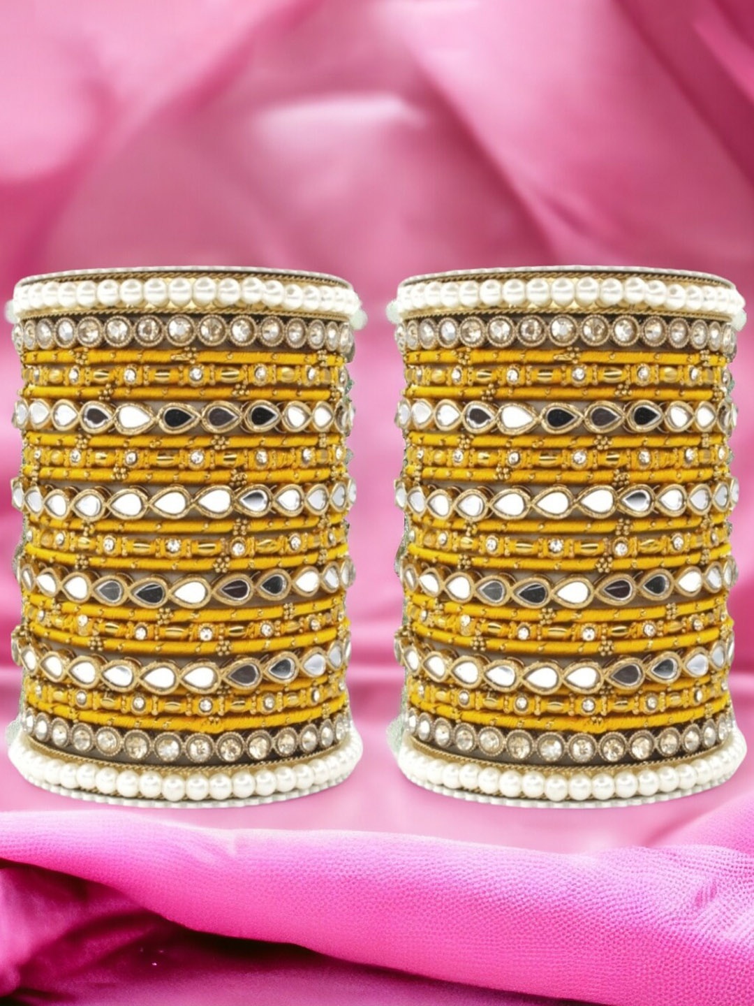 

leshya Set Of 46 Brass-Plated Stone-Studded & Beaded Bangle, Yellow