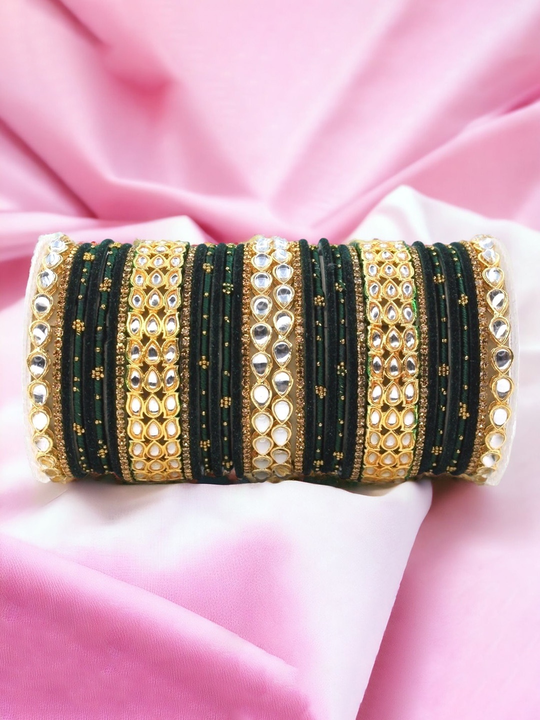 

leshya Set Of 34 Brass-Plated Stone-Studded & Beaded Bangle, Olive