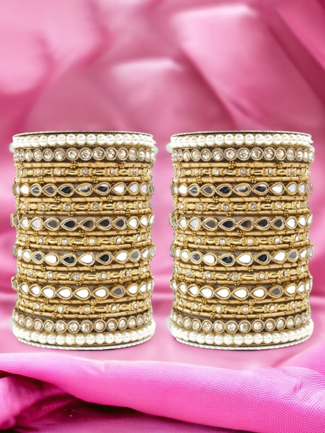 

leshya Set Of 46 Brass Plated Stones Studded & Beaded Bangles, Gold