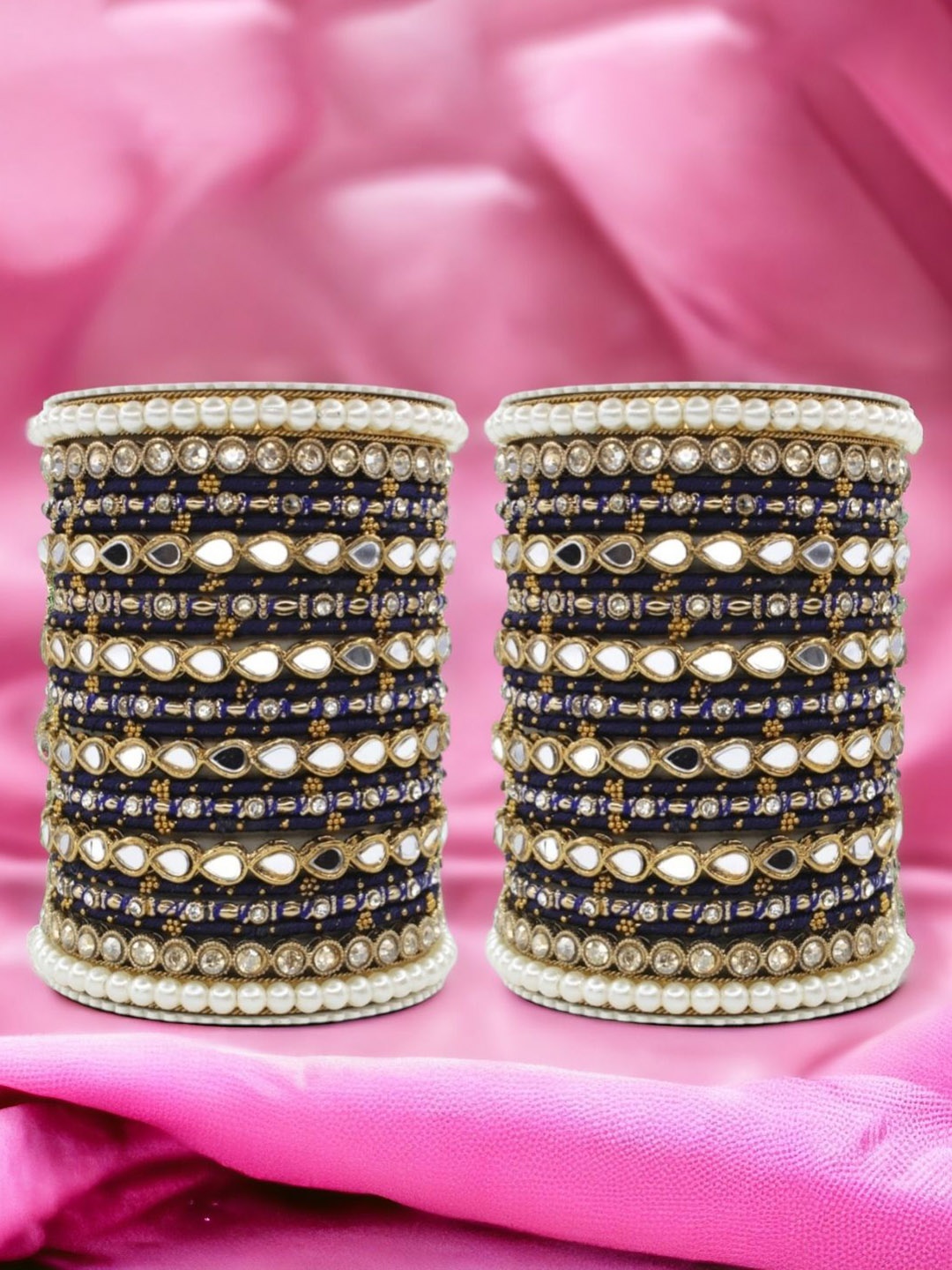 

leshya Set Of 46 Brass Plated Beaded Mirror Kada Bangles, Beige