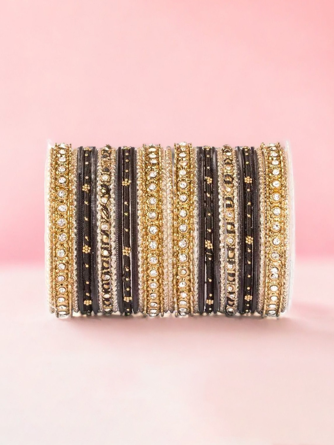 

leshya Set of 30 Brass-Plated Stone Studded Bangles, Beige