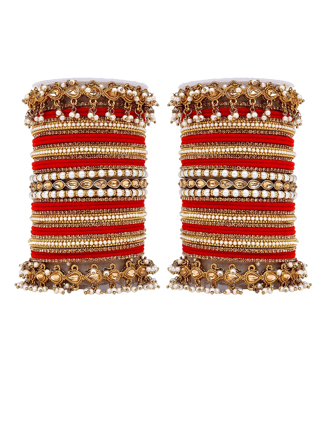 

leshya Set of 66 Brass-Plated Kundan Stone Studded Bangles, Red