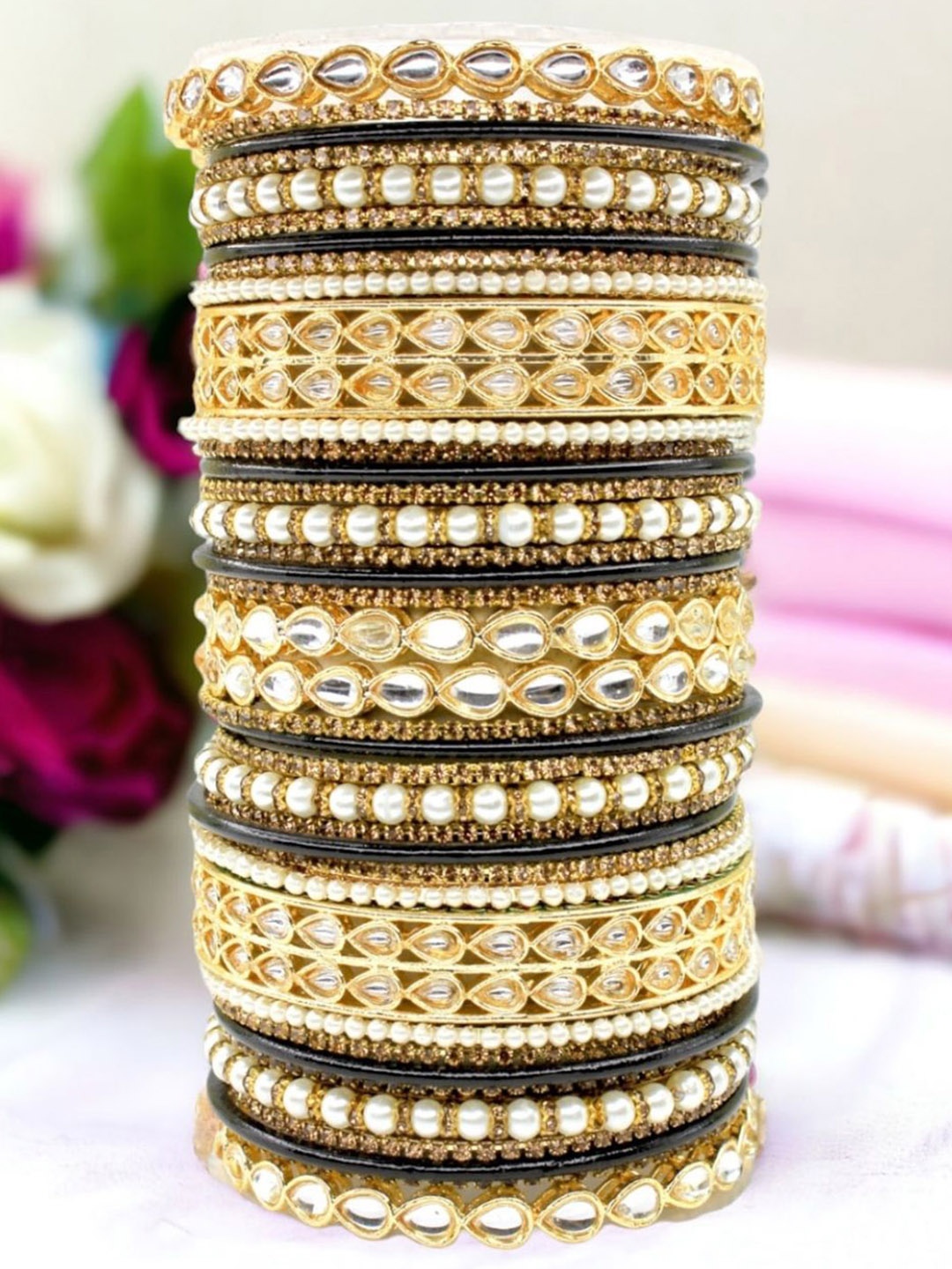 

leshya Set of 38 Brass-Plating Kundan Studded Bangles, Black