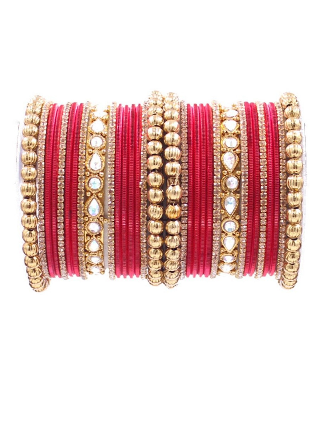 

leshya Set Of 32 Brass Plated Kundan Studded & Beaded Traditional Ethnic Bangles, Red