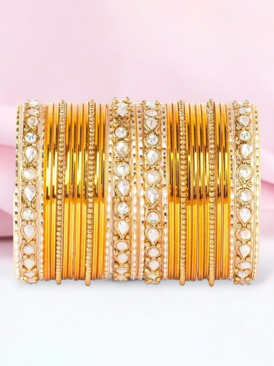 

leshya Set Of 30 Brass Plated Kundan Studded Traditional Ethnic Bangles, Yellow